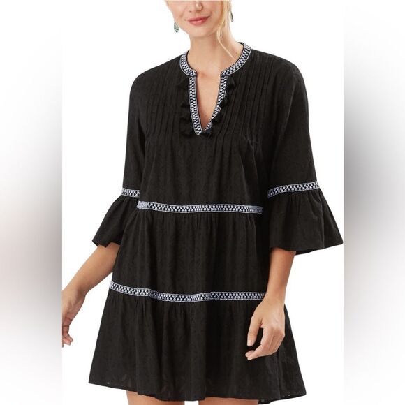 NWT TOMMY BAHAMA EMBROIDERED TIERED COTTON TASSEL BLACK DRESS WOMENS SIZE SMALL - Picture 2 of 12